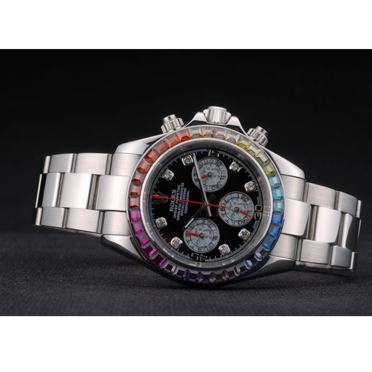 Aaa replica watch Daytona Stainless Bezel Rolex Strap Dial Cosmograph 80250 Crystals Black Rainbow Steep 0612